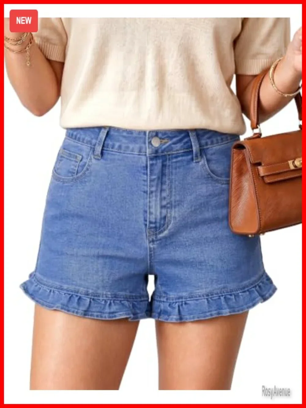 High Waisted Stretchy Denim Shorts with Ruffle Hem 4